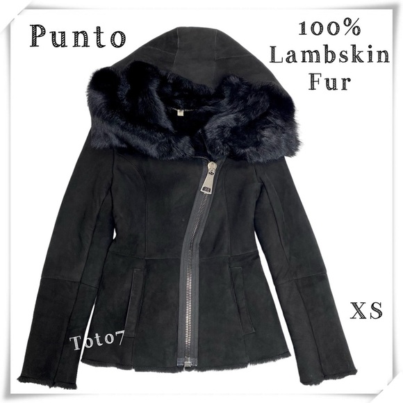 Punto Leather & Fur Lambskin Fur Hooded Shearling Jacket Coat in Black Size XS - Picture 1 of 16